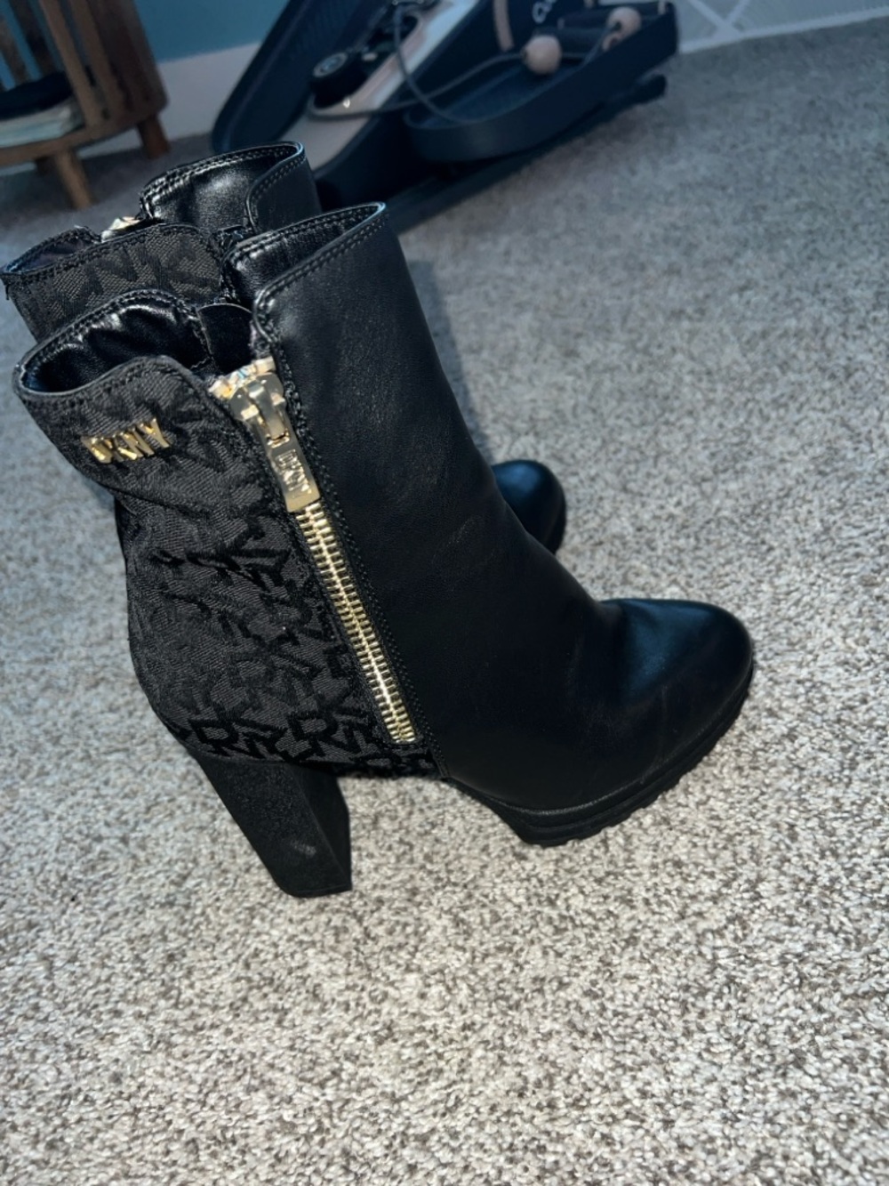 DKNY Black Leather & Logo-Panel Ankle Boots with Gold Zip Detail